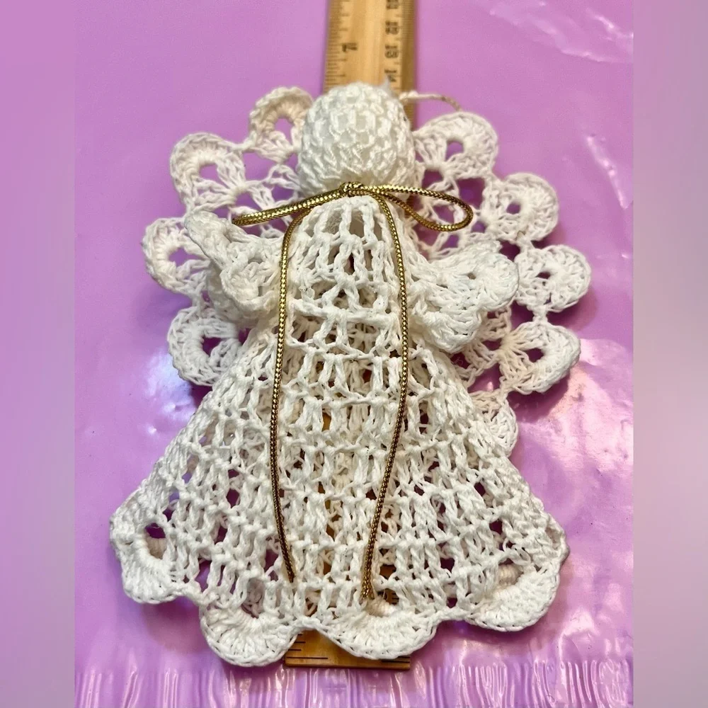 Vtg 3D Crochet Angel Ornament | Starched Lace Snowflake Halo Grandmacore Decor
